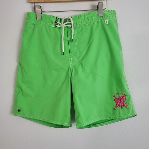 Polo Ralph Lauren Men's Swim Trunks Medium Neon Green Embroidered RL Mallet - Picture 1 of 9